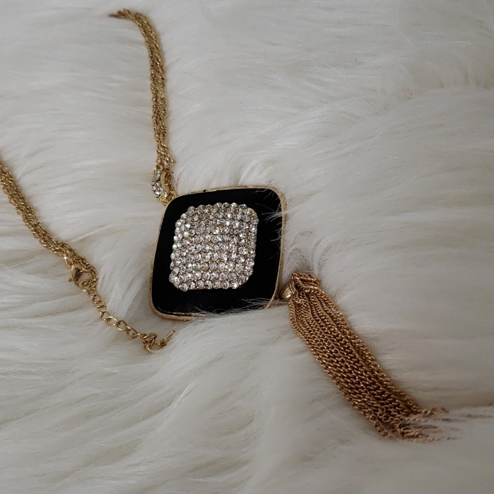 Leather & Pave Crystal  Necklace Tassel Statement Clear Glass 18K Gold - Picture 8 of 12